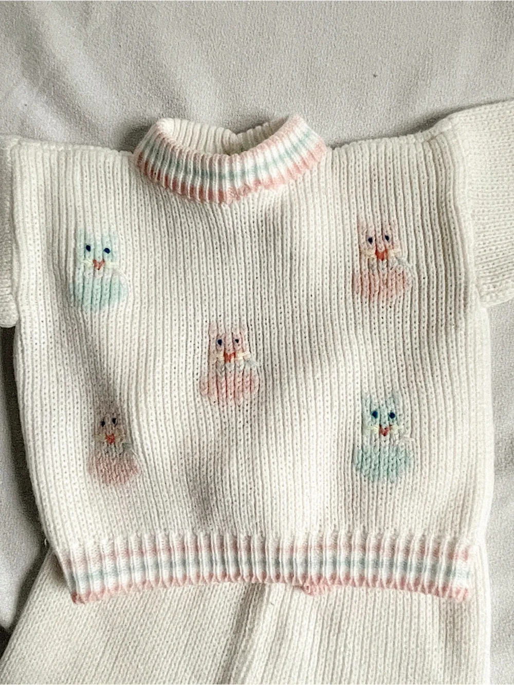 VINTAGE 80s Outfit Set Sweater Shirt Pants Footies Long Knit Bunny Pink Blue